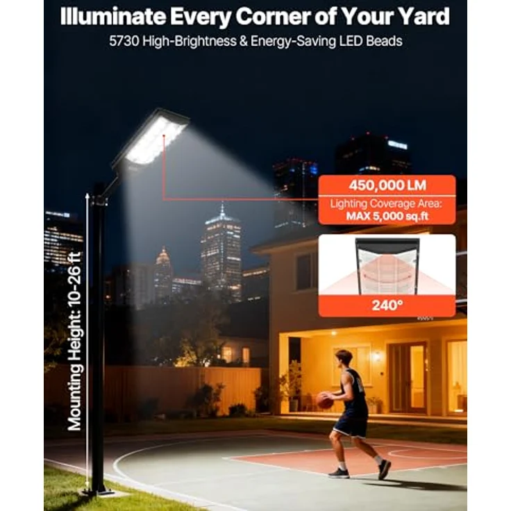 VEVOR Solar Straßenlaterne 450000LM, Straßenlampe 8000W, Solarleuchte mit Dämmerungssensor, LED-Flutlicht mit Bewegungsmelder, IP67 wasserdichte Außenbeleuchtung, für Einfahrt & Hof, 2er-Pack – Bild 2