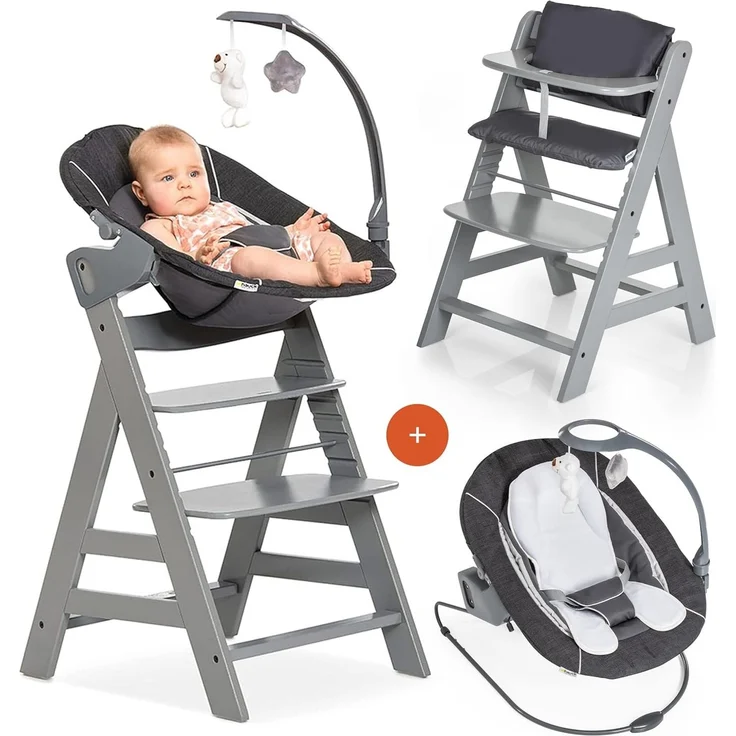 Hauck Alpha Plus Grau Newborn Set Deluxe - Baby Holz Hochstuhl ab Geburt mit Liegefunktion - inkl. Aufsatz für Neugeborene & Sitzpolster - mitwachsend, verstellbar - Grau – Bild 1