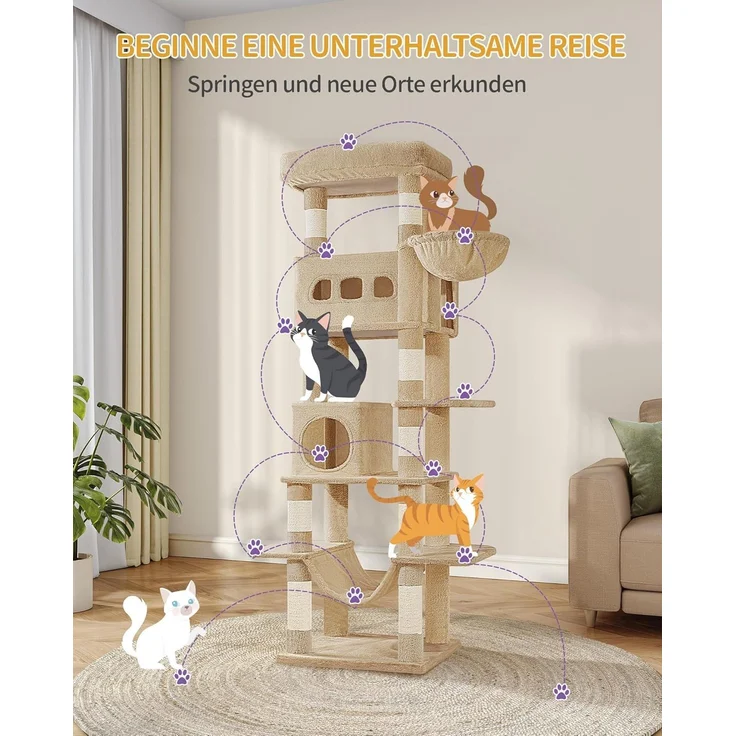 Kratzbaum groß, 170 cm Hoch, Katzenbaum, mit 8 Kratzbäume, 2 Höhlen, groß Plattformen, Waschbare Matte, Hängematte, Plüschbälle, Mehrstöckiger Katzenkratzbaum, Kamelbraun – Bild 3