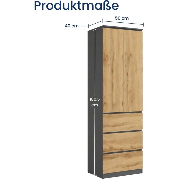 Home Collective Kleiderschrank Garderobenschrank Mehrzweckschrank Schrank platzsparend & vielseitig (50x40x180,5 cm (BxTxH), ideal für Schlafzimmer Flur & Arbeitszimmer) mit 2 Türig 3 Einlegeböden & 3 Schubladen in anthrazit-eiche – Bild 1