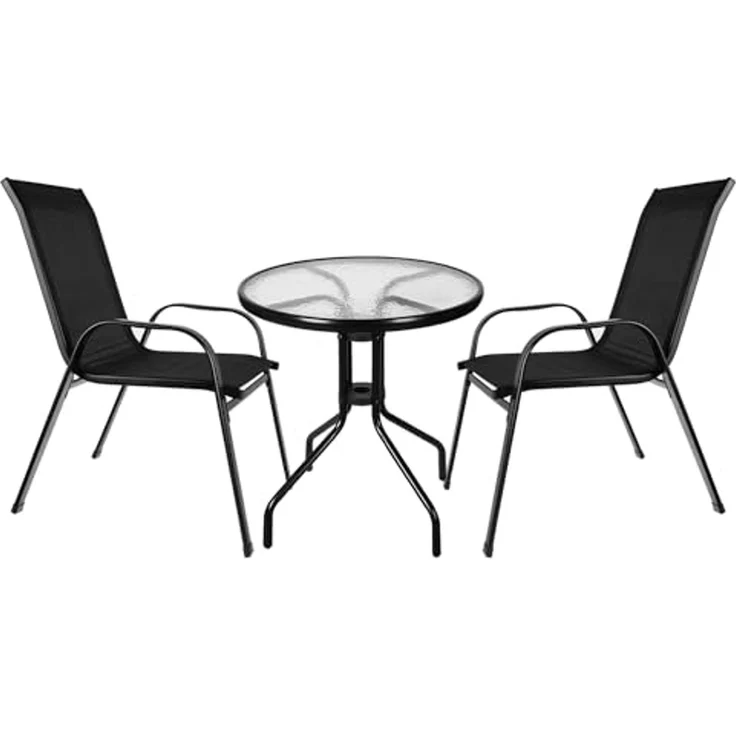 Bistro-Set 3-teilig Balkonmöbel-Set Tarassentisch Rund Gartenstühle Hochlehner Stapelbar Gehärtetes Glas Metal Wetterfest 23461 – Bild 7
