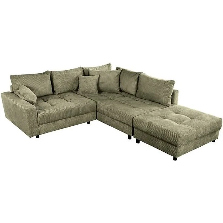 riess-ambiente Ecksofa KENT 220cm grün- Cord, L-Form, Federkern, m. Kissen, FSC-zertifiziert, Einzelartikel 1 Teile, Moderne Wohnlandschaft inkl. Hocker - ideal für Wohnzimmer u. Familien – Bild 4