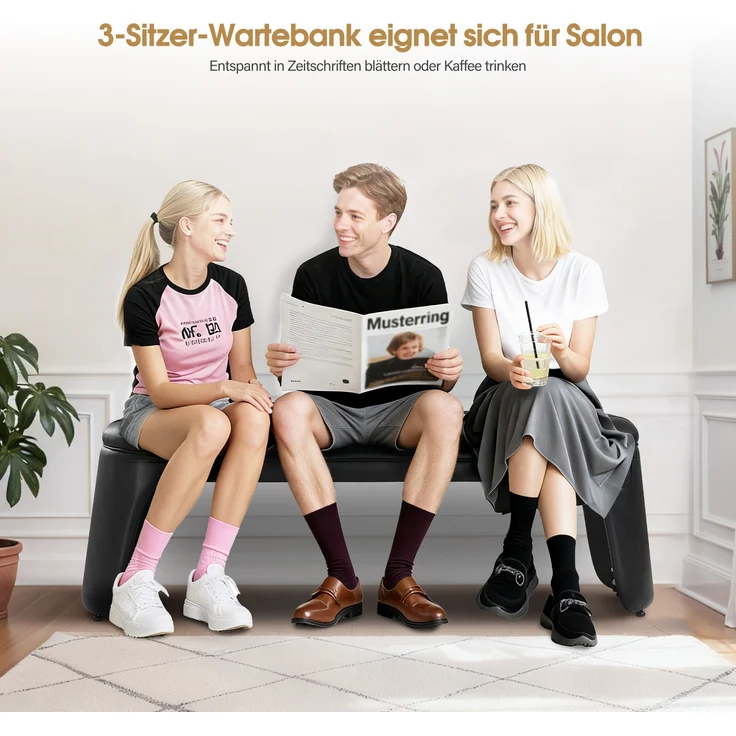 BarberPub 3-Sitzer Sitzbank für Friseursalon, Sitzbreite 150 cm, Moderne Wartebank Friseur, Polsterbank Schlafzimmer,Flurbank Friseureinrichtung W510 (Schwarz/Kunstleder) – Bild 5