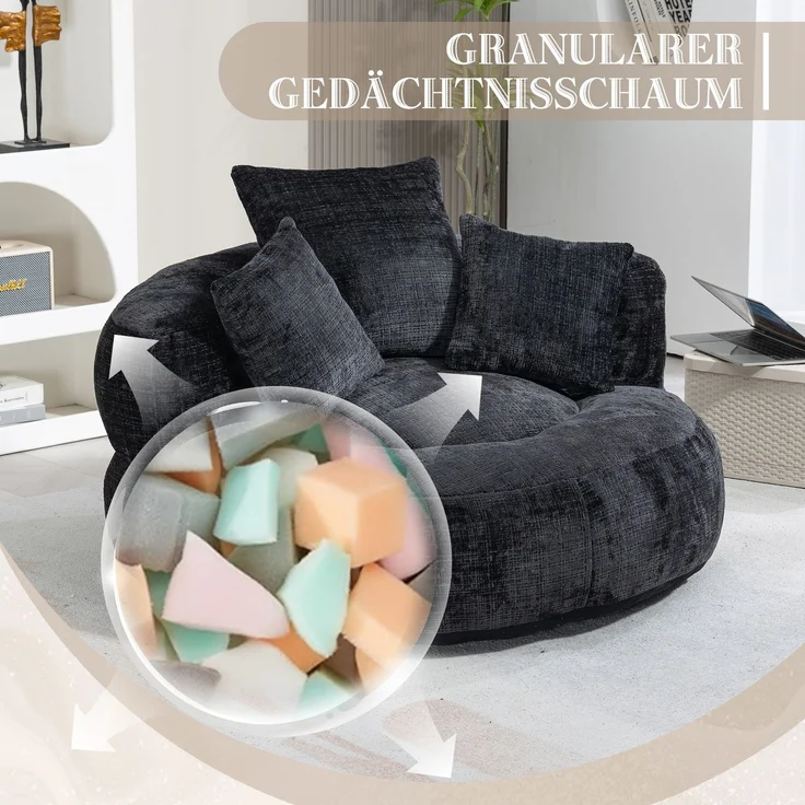 Lazy Sofa Durable Komfort Lounger hohen Rücken Sitzsack Stuhl Couch mit drei Kissen für Erwachsene und Kinder, Indoor & Outdoor, Single Gaming Sofa Stuhl für Schlafzimmer, Büro (Black Chenille)--Schwarz--108x108x52cm--YOUDENOVA – Bild 3