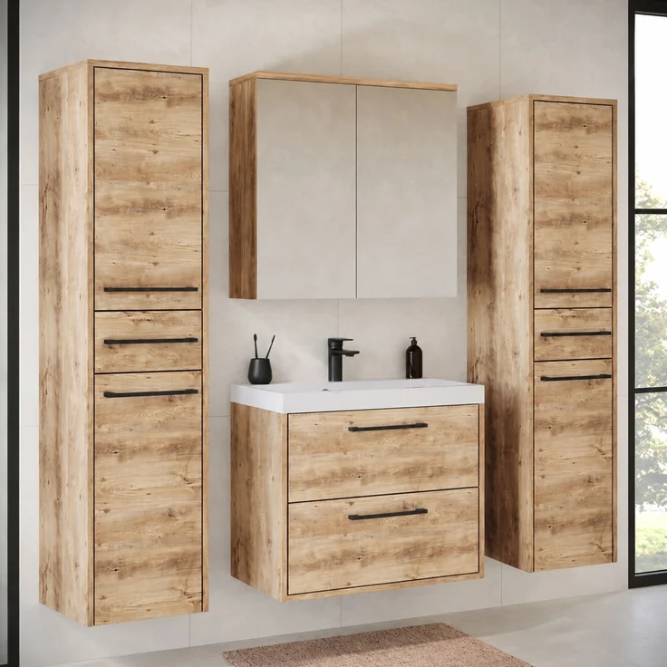 Badplaats Badmöbel Komplettset Florence XL 60 x 35 cm Kastanien Eiche - Badezimmermöbel mit Waschbecken, Spiegelschrank und 2 Hochschränke – Bild 2