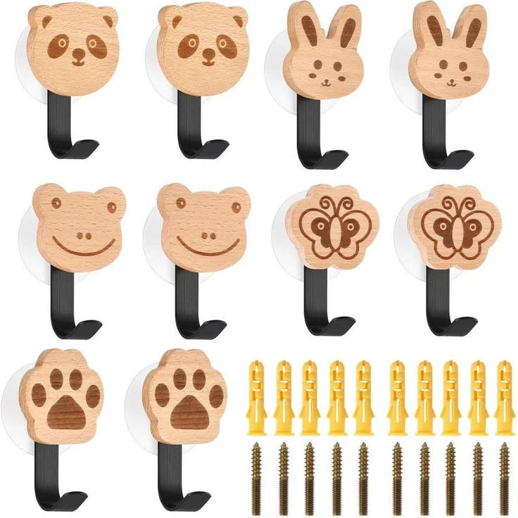 BlingBin Kleiderhaken 5pcs Holz Kleiderhaken Kinder Selbstklebender Wandhaken in Tiere-Form, Türen, Wand, (10 Stück, 10-St, 10pcs), Garderobenhaken Kleiderhaken Wand Wandaufhänger Türhaken