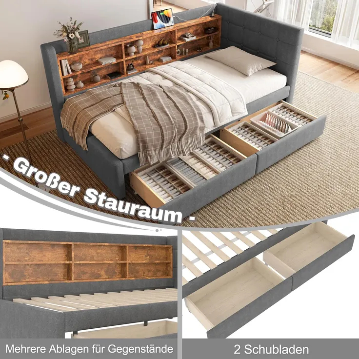 Stauraumbett mit Schubladen, Lattenrost, Regal, USB und Type-C Anschluss, 90x200 cm, Einzelbett, Polsterbett, Leinen – Bild 3
