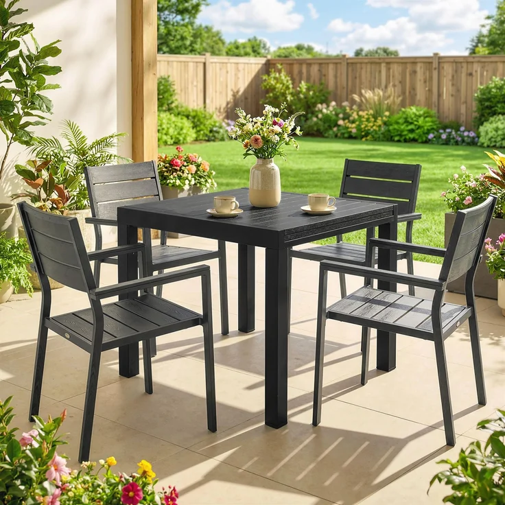Ausziehbarer Gartentisch für 4–6 Personen mit integrierter Verlängerungsplatte aus Aluminium in Holzoptik, 80–160 x 80 cm, schwarz – Bild 10