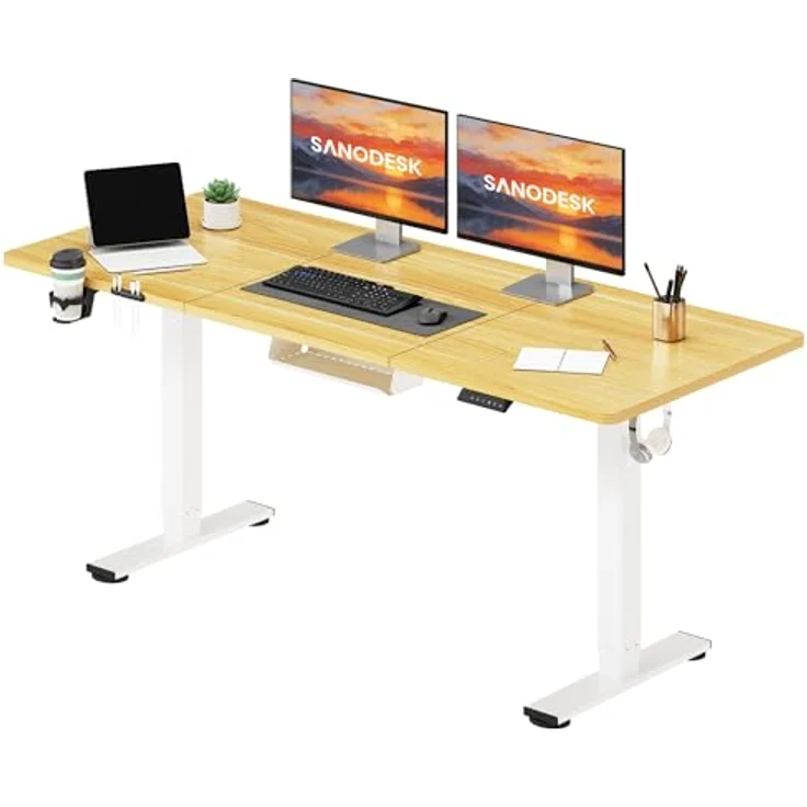 SANODESK Höhenverstellbarer Schreibtisch 160x60 cm mit Memory-Funktion, Elektrischer Steh-Sitz Tisch für Heimbüro, Ergonomischer Computertisch mit Modernem Design und Vierteiliger Tischplatte, ahorn – Bild 2