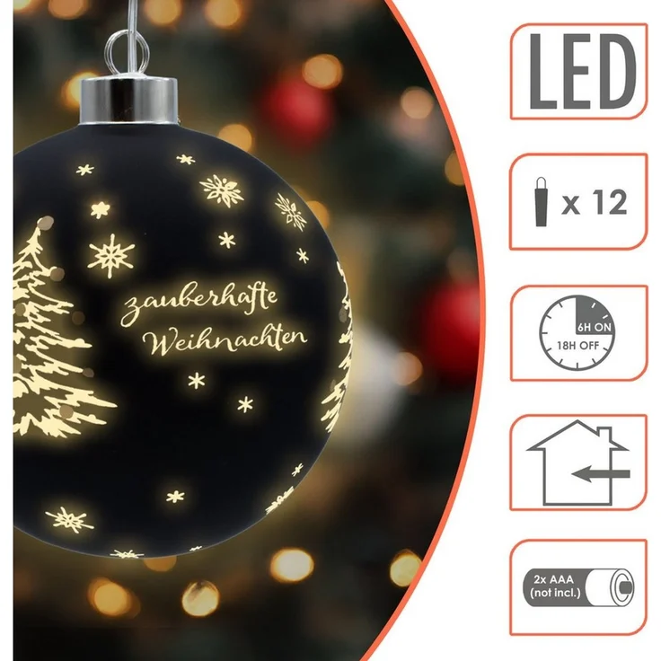 Spetebo LED Dekolicht Weihnachts Glaskugel zum Hängen schwarz matt, Timer, LED fest integriert, warm weiß, mit Integrierte Timer-Funktion – Bild 3