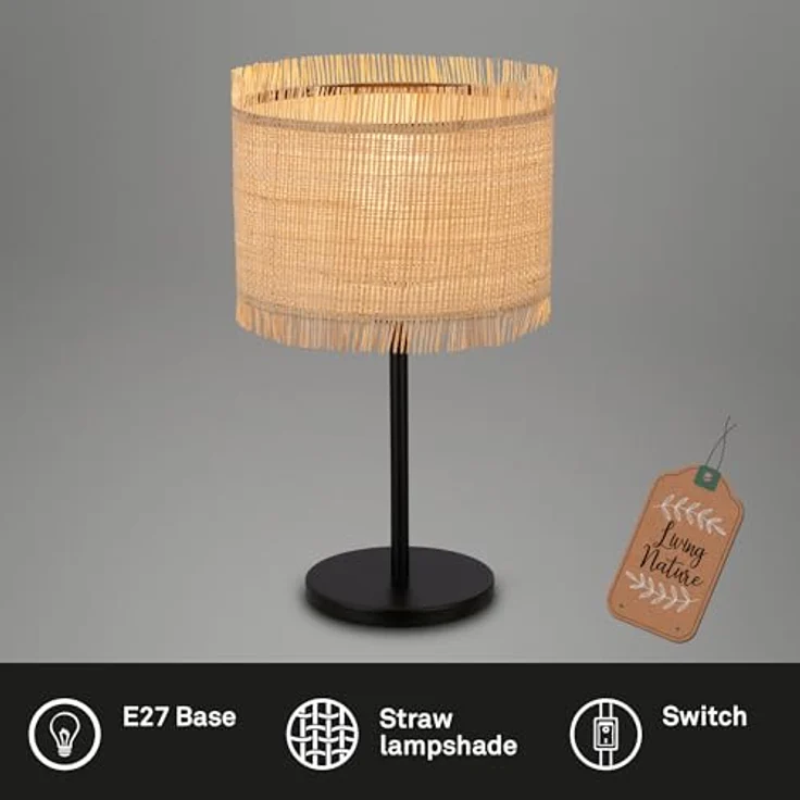 Briloner Tischleuchte Swing Nature, Tischlampe mit Strohschirm und E27-Fassung in Natur, 43,5 cm hoch, Kabelschalter – Bild 2