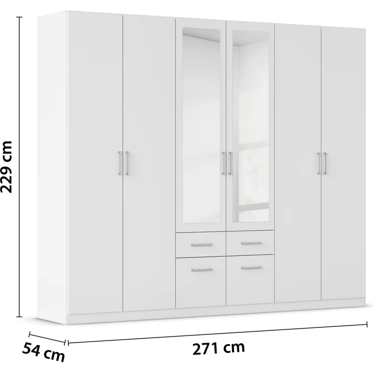 rauch Kleiderschrank, Drehtürenschrank BINGEN, 6-türig, 2 Spiegeltüren teilaufgelegt, 4 Schubkästen, Alpinweiß, 271 x 229 x 54 cm – Bild 4