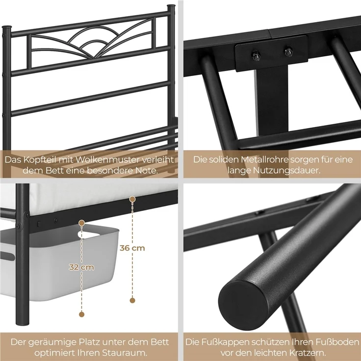 Yaheetech Metallbett mit Lattenrost, Wolkenmuster, Metall Schwarz, 90x200 cm – Bild 6