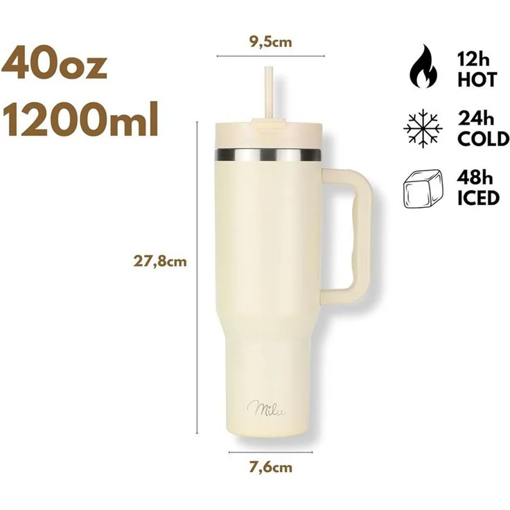 Milu Thermobecher Edelstahl Tumbler To Go 1200 ml, mit Strohhalm und Henkel – Bild 3