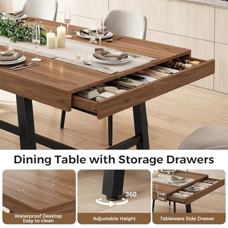 Jocoevol Esstisch, Langer Holz-Esstisch für 6–8 Personen mit 2 Schubladen, Stabiler Metallrahmen, Landhaus Küchentisch, 180 cm Langer Rechteckiger Esszimmertisch, Braun – Bild 6