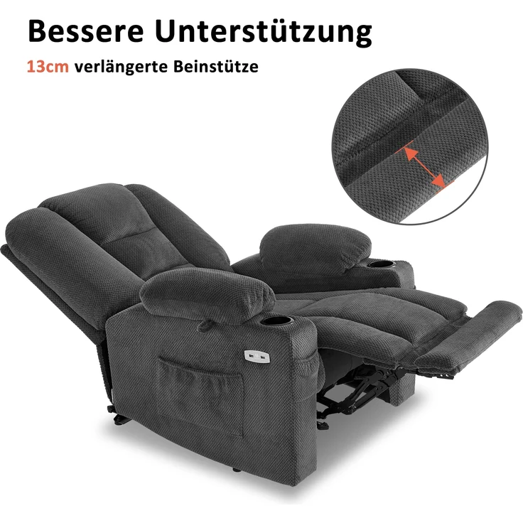 MCombo Relaxsessel mit Liegefunktion, Massage & Wärmefunktion, USB & Getränkehalter, Stoff Dunkelgrau, 94 x 90 x 105 cm – Bild 6