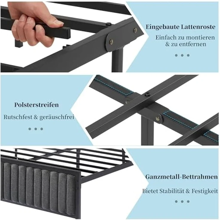 VECELO Bettgestell 90x200 cm, Metallbett Einzelbett mit Gepolstertem Kopf- und Fußteil, Bettrahmen mit Lattenrost, 32cm Höhe unter dem Bett, Kein Boxspring Erforderlich, Grau – Bild 5