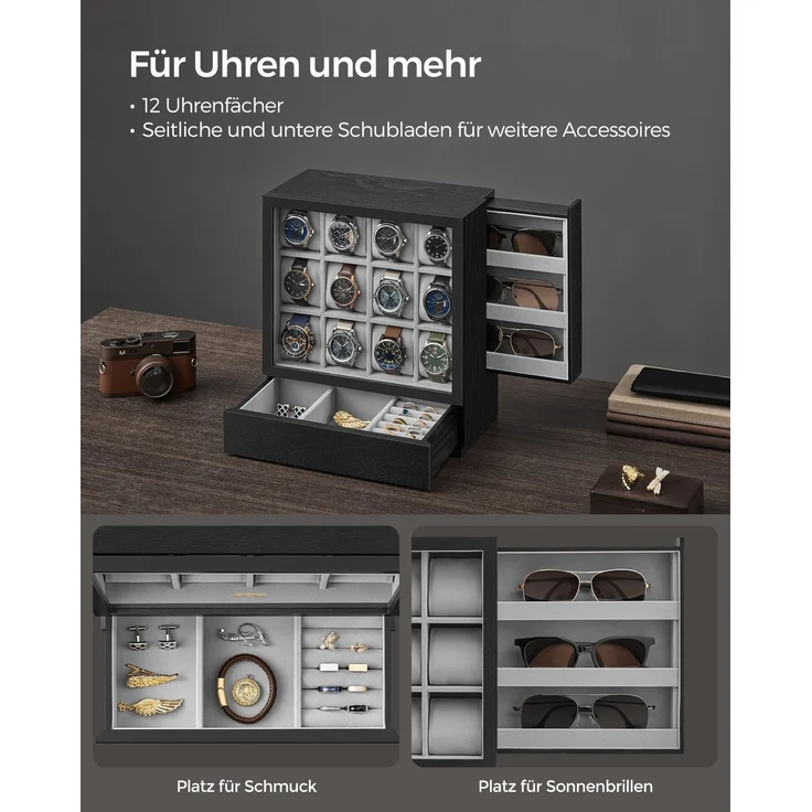SONGMICS Uhrenbox 12 Fächer, Uhrenkasten mit Fenster, Uhren-Präsentation, Massivholzfurnier, Samtfutter, vertikale Aufbewahrung, platzsparend, Geschenkidee, ebenholzschwarz JOWDE014B01 – Bild 3