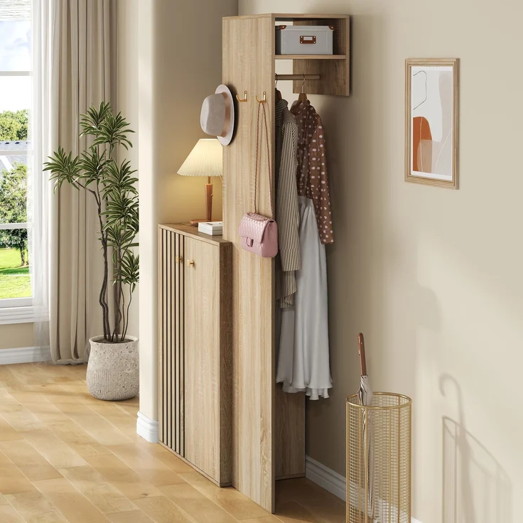 Moderne Flurgarderobe mit Stauraum,Garderobenset, Kompaktgarderobe,Schuhschrank,Flurgarderobe,mit Kleiderhaken,Kleiderstange, für den Flur--Natürlich--115x38.5x191.5cm--YOUDENOVA – Bild 5
