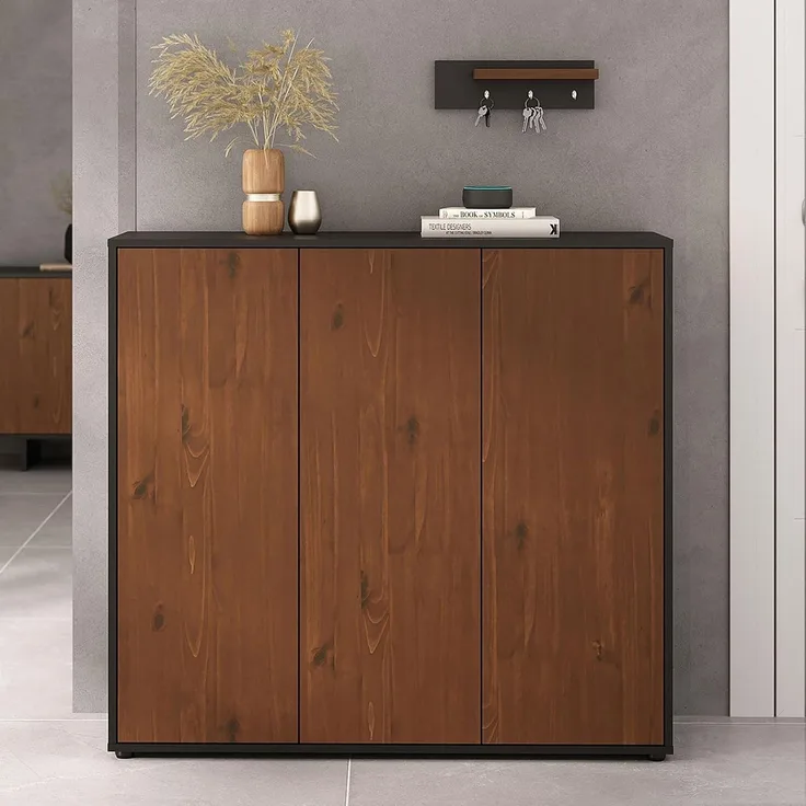 IDIMEX Schuhschrank MIRAN Schuhkommode platzsparend mit 3 Türen Schwarz/Kastanie Finish