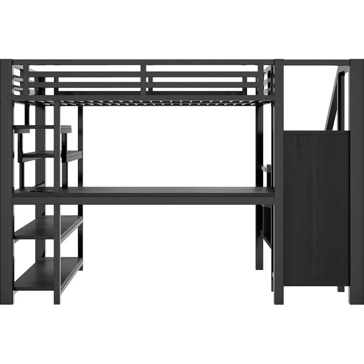 Hochbett mit Schreibtisch, LED-Streifen, Kleiderschrank, Regal, Treppe, Steckdose, USB, Rausfallschutz, 140x200cm, Kinderbett, Metallbett – Bild 9