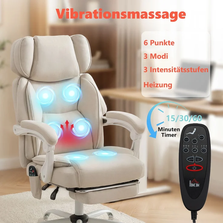 MELAYR, Hochlehner-Bürostuhl mit Vibrationsmassage und Heizung, ergonomisch, neigbar, 70 x 75.5 x 122.5 cm, Cremeweiß – Bild 6
