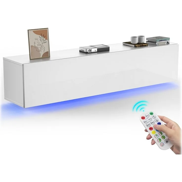oyajia Lowboard TV-Schrank mit LED Beleuchtung, Lowboard 140 cm, Stehend und hängend, Hochglanz grifflose TV-Board, TV-Schrank für TVs bis zu 60 Zoll