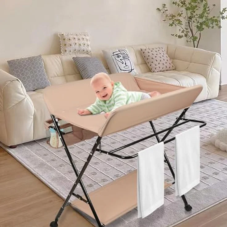 Baby Wickelkombi - klappbare Wickelkommode, mobiler Wickeltisch mit Wickelauflage, Sicherheitsgurt und Ablagefächern, platzsparend & stabil 80 * 66 * 98cm (Hell-Pink) – Bild 3