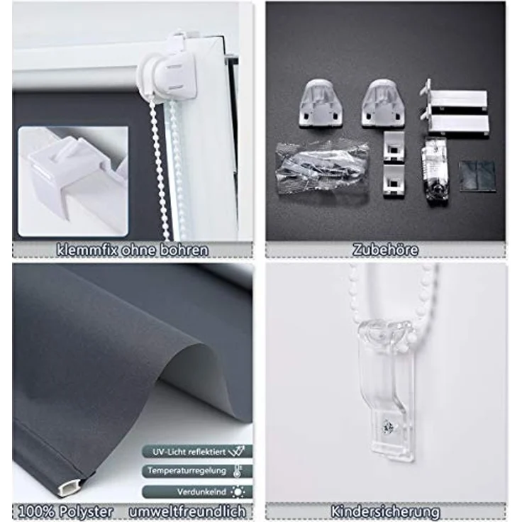 Grandekor Verdunklungsrollo ohne Bohren Dunkelgrau 60x170 cm(Stoffbreite 56cm) Rollos für Fenster ohne Bohren & mit Bohren,Verdunkelungsrollo Thermorollo Klemmrollo Fensterrollo verdunkelung – Bild 5