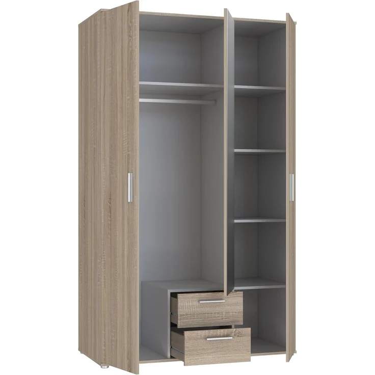 Forte Nano Kleiderschrank 120, Drehtürenschrank mit 2 Schubladen, Einlegeböden und Spiegel, Holzwerkstoff, Sonoma Eiche Dekor, 121 cm breit, 200,1 cm hoch, 54 cm tief – Bild 6