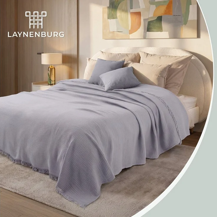 Laynenburg Tagesdecke Musselin mit Fransen aus 100% Baumwolle – Baumwolldecke, Wohndecke als Sommerdecke, Bett-Überwurf, Sofa-Decke, Kuscheldecke – Bild 2