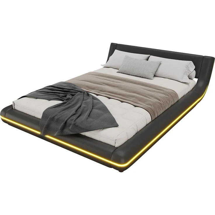 140*200cm Flachbett, Bodenbett, PU, LED-Umgebungslicht, Schwarz – Bild 6