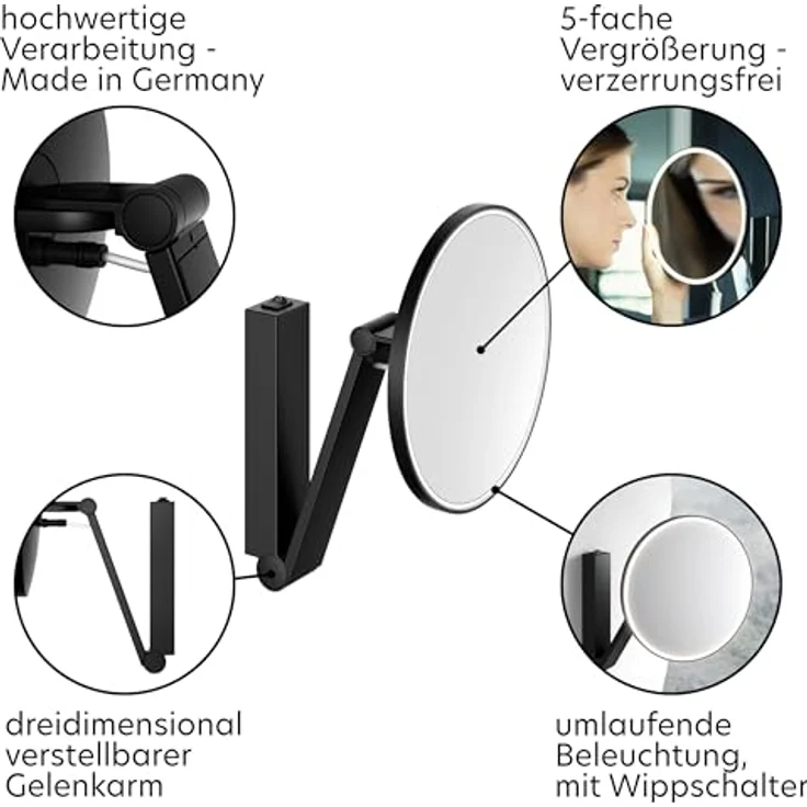 Keuco iLook_Move Kosmetikspiegel, rund, Ø20 cm, mit 5-facher Vergrößerung, Beleuchtung in Tageslichtweiß, Metall schwarz matt, Unterputz, Made in Germany – Bild 4