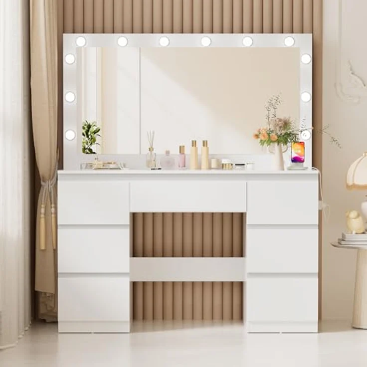 TRIUMPHKEY Schminktisch mit Große Spiege und LED-Beleuchtung, Einstellbarer Helligkeit, 120x40x140cm, Frisiertisch mit 7 Schubladen, Steckdose,Schmuckschrank, Kosmetiktisch für das Schlafzimmer, Weiß – Bild 8