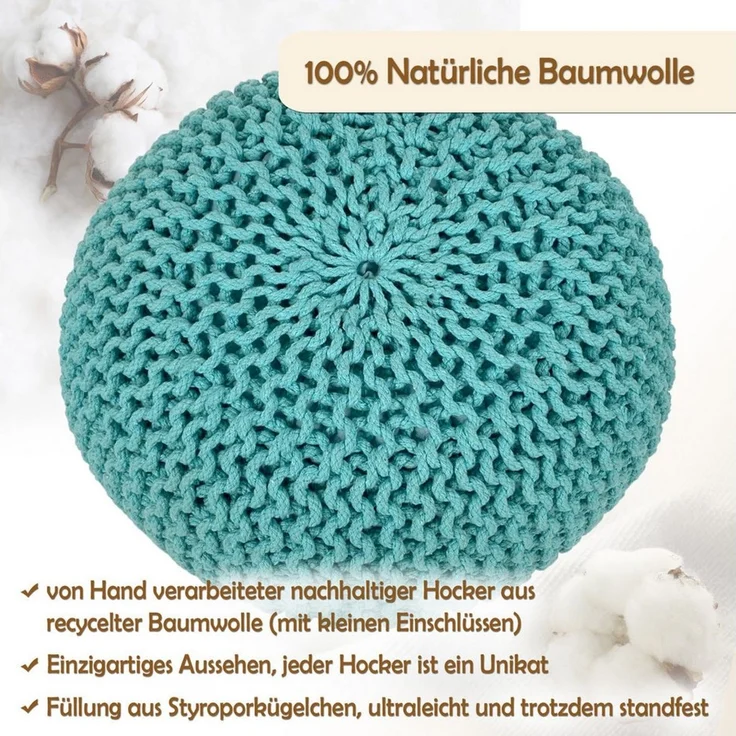 Amagohome Sitzhocker, Pouf, XXL Baumwolle, Mint, ø 55 cm – Bild 1