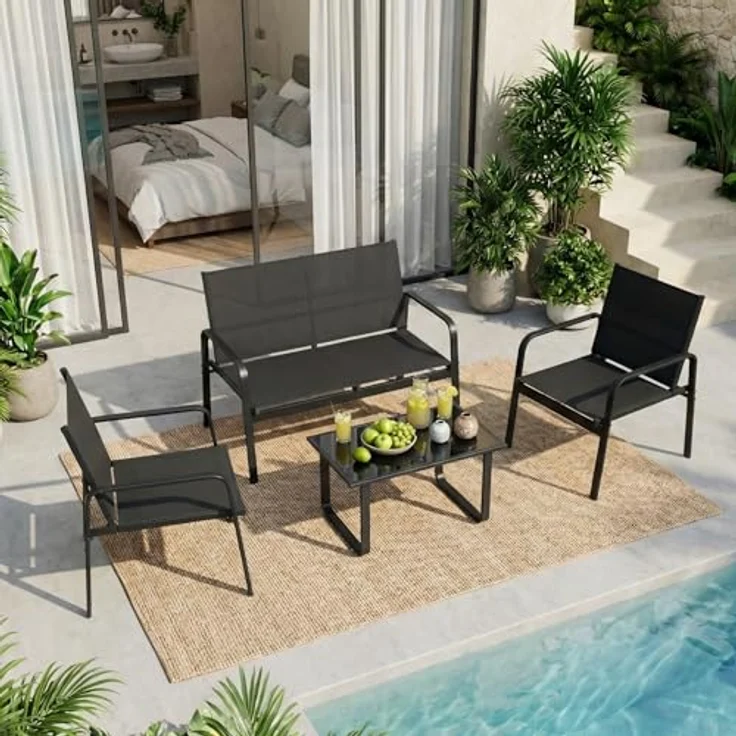 Mondeer Gartenmöbel Set, Balkon Möbel Set 4-TLG mit Armlehnen, Terrassenmöbel mit Tisch Sofa und 2 Stühlen, Textilene, für Garten Balkon Außen, Schwarz – Bild 10