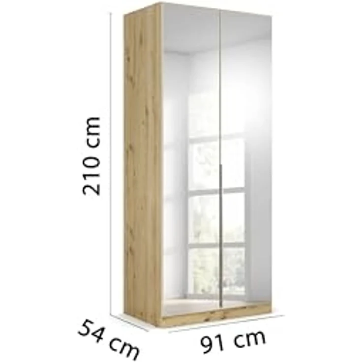 Rauch Möbel Alabama, Kleiderschrank für Schlafzimmer, Kinderzimmer, Wohnzimmer, Garderobe, Flur, 2-türig, Spiegel, mit Zubehör Premium, Farbe Beige/Eiche Artisan. Holz, Breite 91 cm – Bild 3