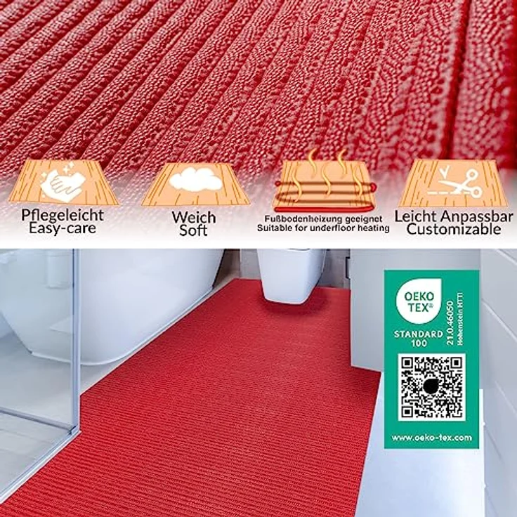 ANRO Badematte Weichschaummatte Antirutsch Bad- und Duschvorleger Uni Feuerrot, 280x130cm, pflegeleicht und zuschneidbar – Bild 2