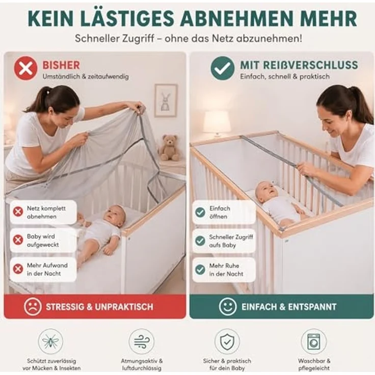 Moskitonetz Babybett/Kinderbett Mückenschutz/Insektenschutz mit Reißverschluss zum Öffnen in der Mitte/Farbe: Anthrazit – Bild 2