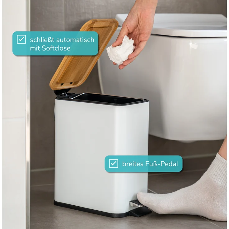 bremermann Kosmetikeimer Abfalleimer mit Bambus-Deckel, Bad-Mülleimer mit Soft-Close, 5 l – Bild 3