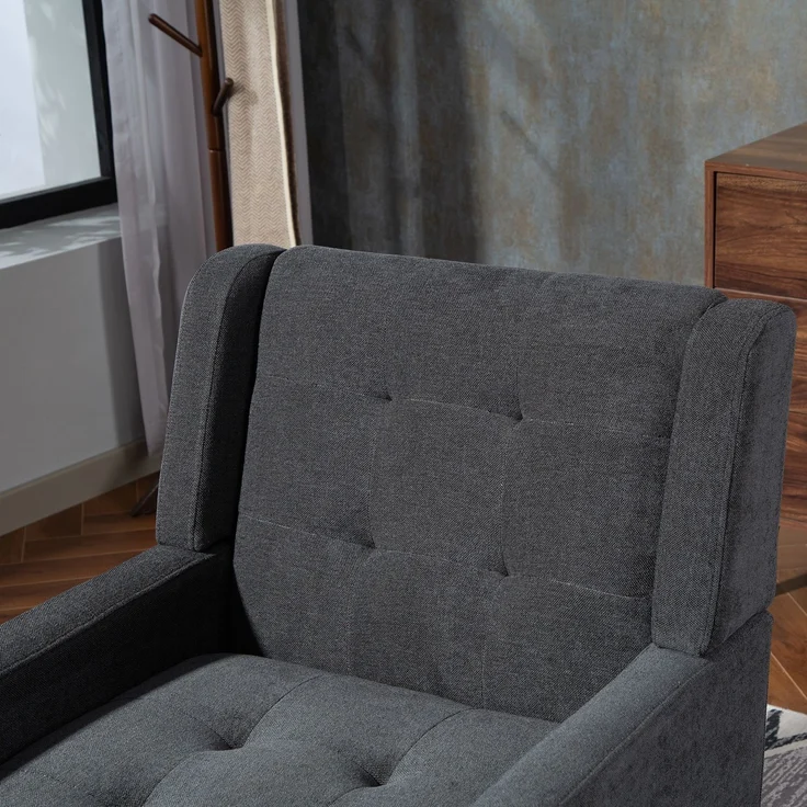 LVHOM Sessel aus Leinenstoff mit Knopfsteppung, Relaxsessel mit Massivholzbeinen, Polstersessel für Wohnzimmer & Büro, bis 130kg, Dunkelgrau – Bild 3
