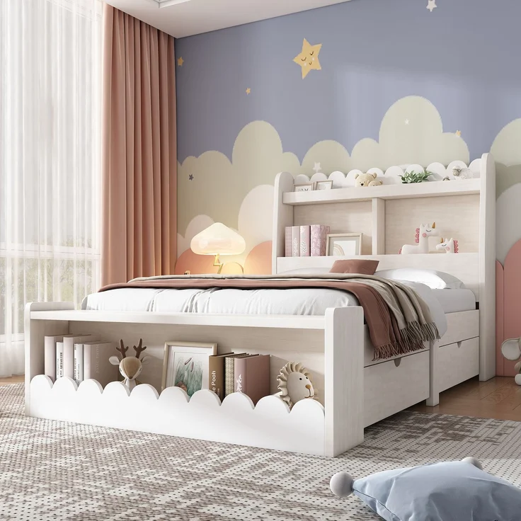 Kinderbett / Einzelbett Stauraumbett 230×98×100 cm (L×B×H) – Massivholz & MDF mit Lattenrost, Liegefläche 90×190 cm, Weiß + Light Oak – Bild 2