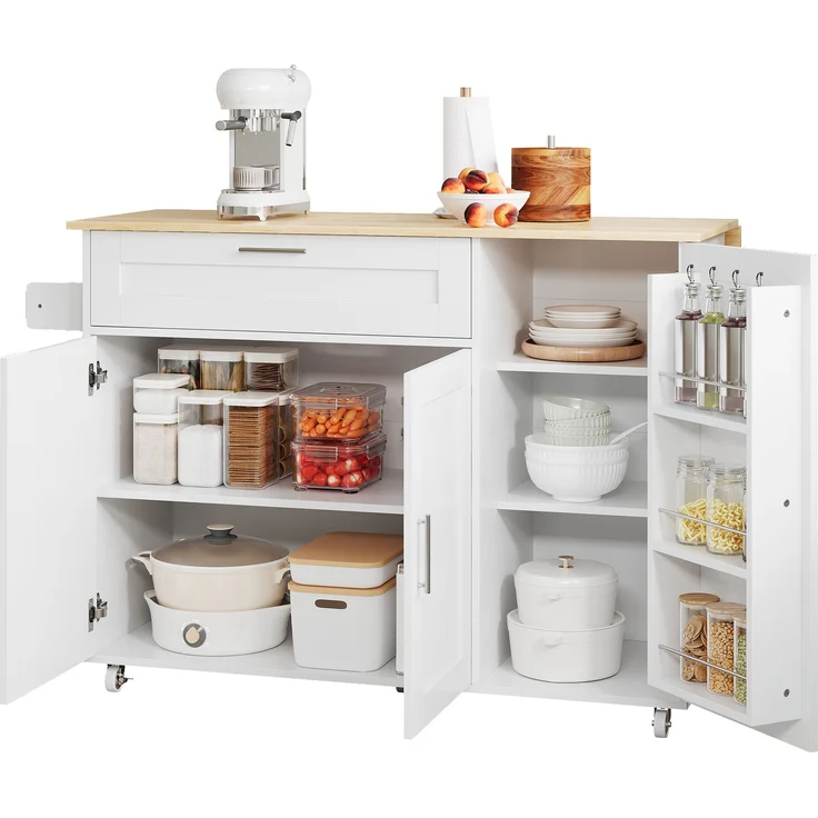Küchenwagen mit Klappplatte 132,5 x 44/70 x 90 cm, MDF in Weiß/Eiche-Optik, auf Rollen – Bild 5