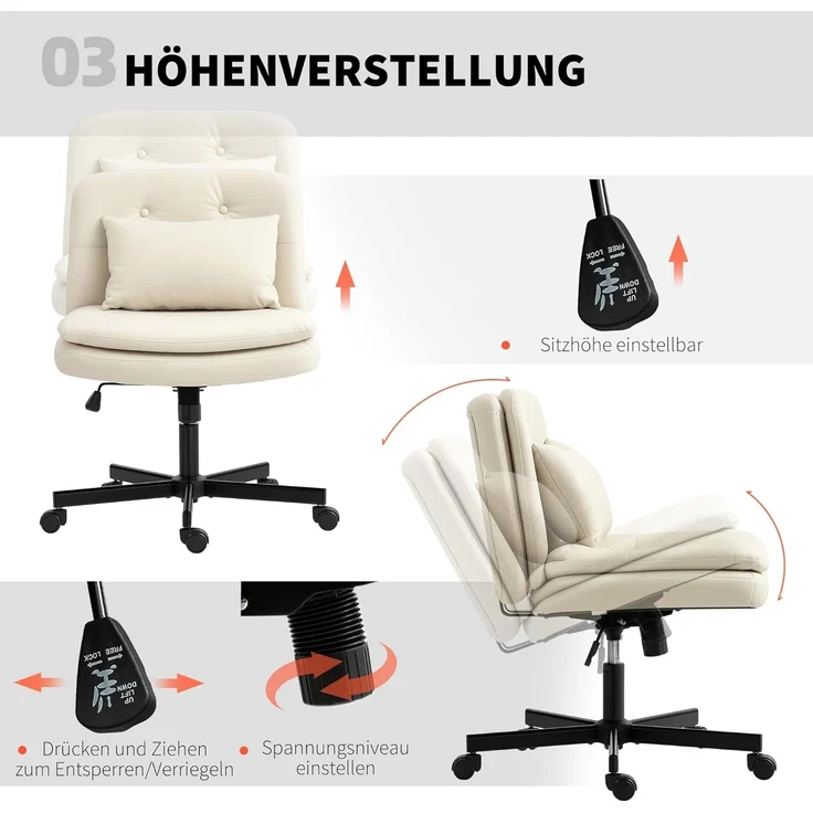 HOMCOM Bürostuhl ohne Armlehnen, mit breit doppelschichtig Polster, Kissen (gepolsterter Schreibtischstuhl, 1 St), Kunstleder Schneidersitz Stuhl für Büro, Beige – Bild 8