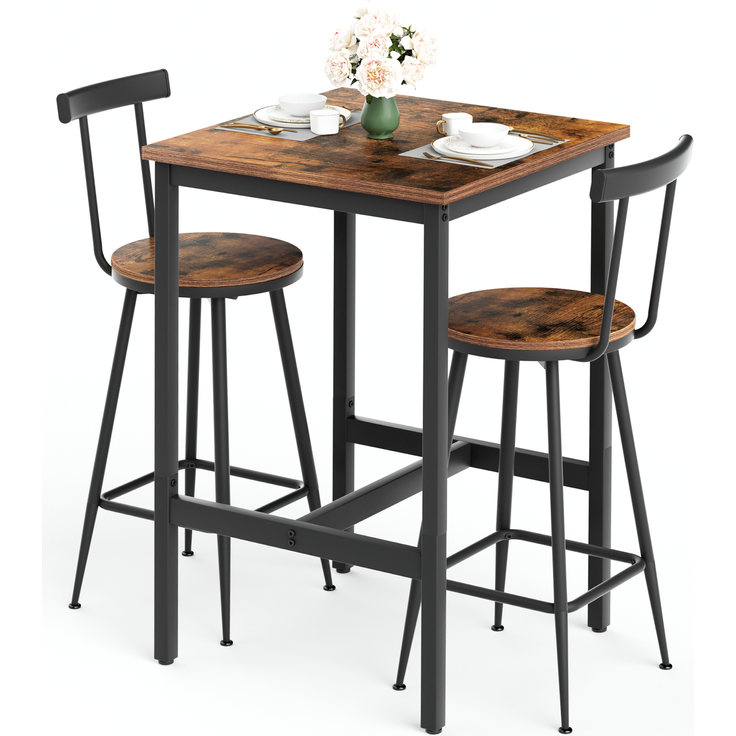 Bartisch-Set 60x60x92 cm mit 2 Hockern, industrial, rustikale Brauntöne, Stahlgestell und pflegeleichte Spanplatte – Bild 4