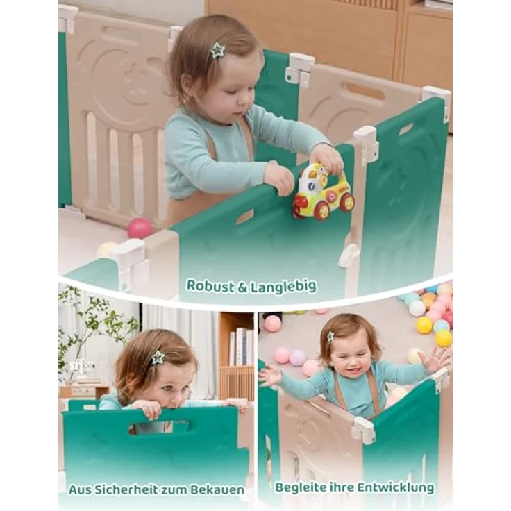 Dripex Faltbarer Laufstall Baby 150×150cm, Laufgitter Baby, Baby Playpen, Baby Laufstall mit Spielzeugboard, Laufstall in Anpassungsfähiger Form, Laufgitter aus Kunststoff, Braun – Bild 10