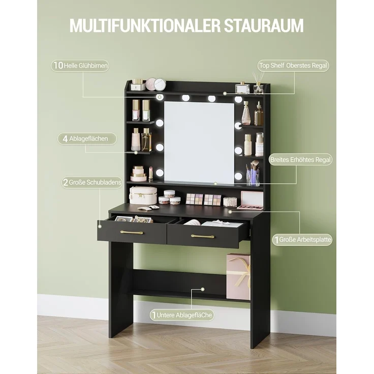 Schminktisch mit Spiegel, Schminktisch mit Ablageflächen und 2 Schubladen, für Schlafzimmer, Wohnzimmer, Verstellbare Helligkeit, 40 x 80 x 149 cm, Schwarz – Bild 3