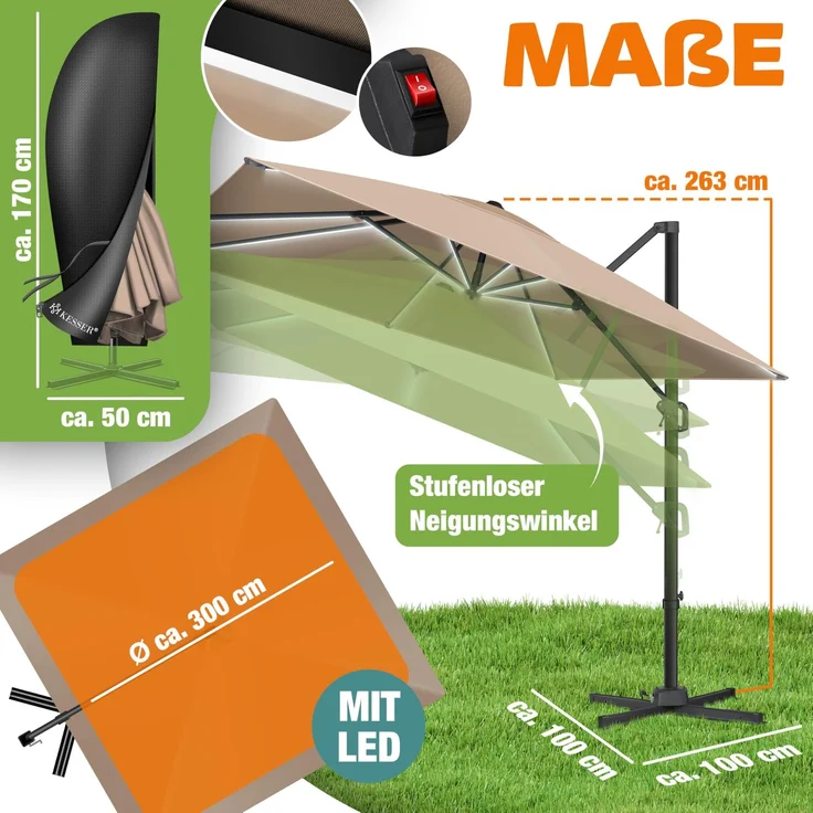 KESSER® Sonnenschirm Ampelschirm SUN XL 300 x 300 cm Inkl. Abdeckung +Windsicherung Drehbar Neigbar Kippbar Marktschirm Groß 360° Rotation, Gartenschirm mit Kurbel Sonnenschutz UV50+ Taupe, Mit LED – Bild 2