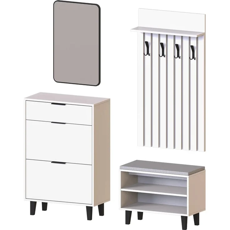 Roomart NORD Garderobenset 4-teilig – Schuhschrank, Sitzbank, Garderobenpaneel 130 cm & Spiegel – Flurgarderobe – H 112 x B 73.6 x T 35 cm (Schuhschrank) • Weiß – Bild 8