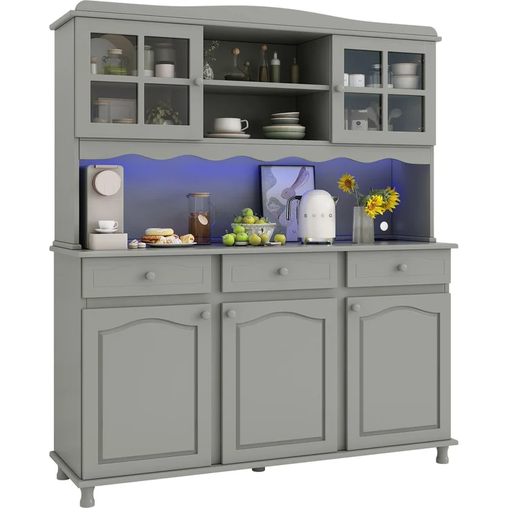 Buffetschränke, Esszimmer-Hochschrank 135*40*185 cm, mehrstufigem Stauraum, integrierter Steckdose sowie USB-C- und USB-A-Anschlüssen, Farbiger LED-Streifen, graugrün--Herde--135x40x185cm--YOUDENOVA – Bild 9